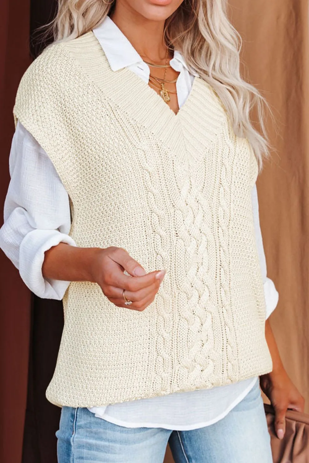 Hazel Blues® |  Cable-Knit V-Neck Sweater Vest